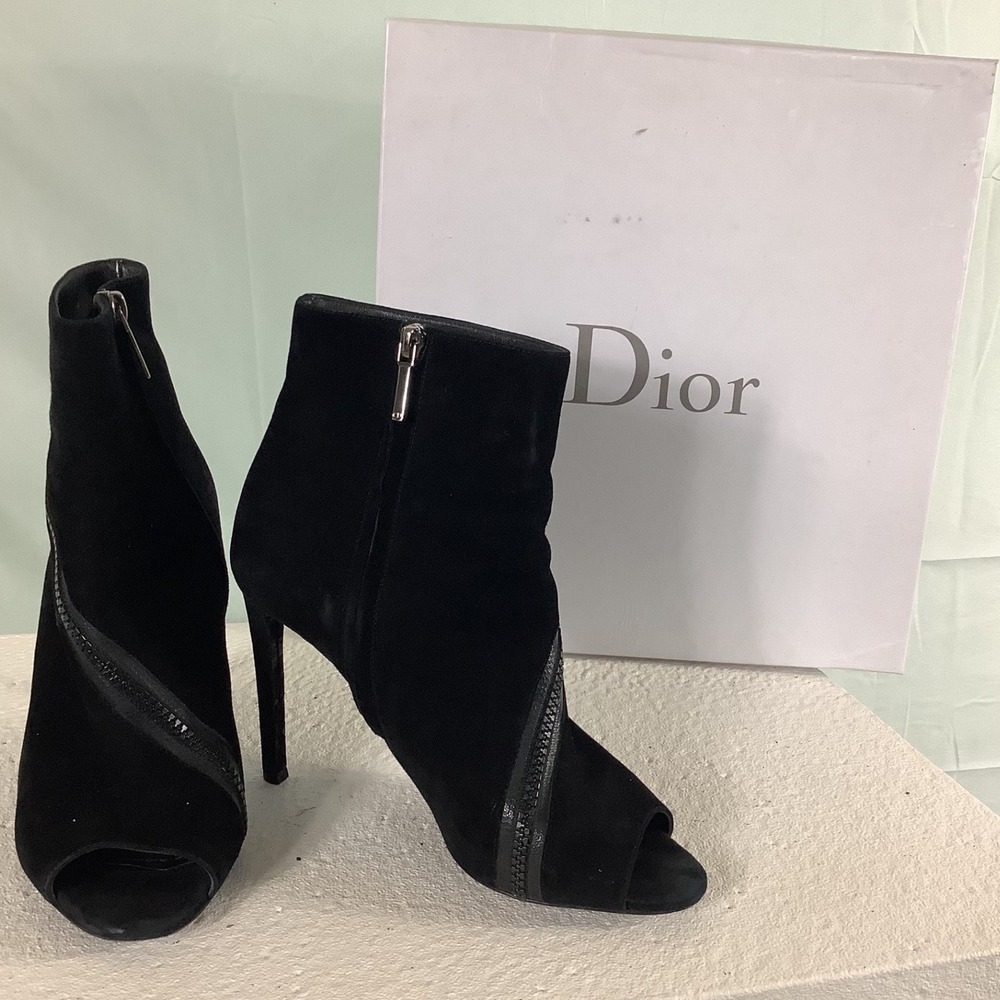 Christian Dior Black Suede Open Toe Diagonal Zip Ankle Boots Stiletto EU 39